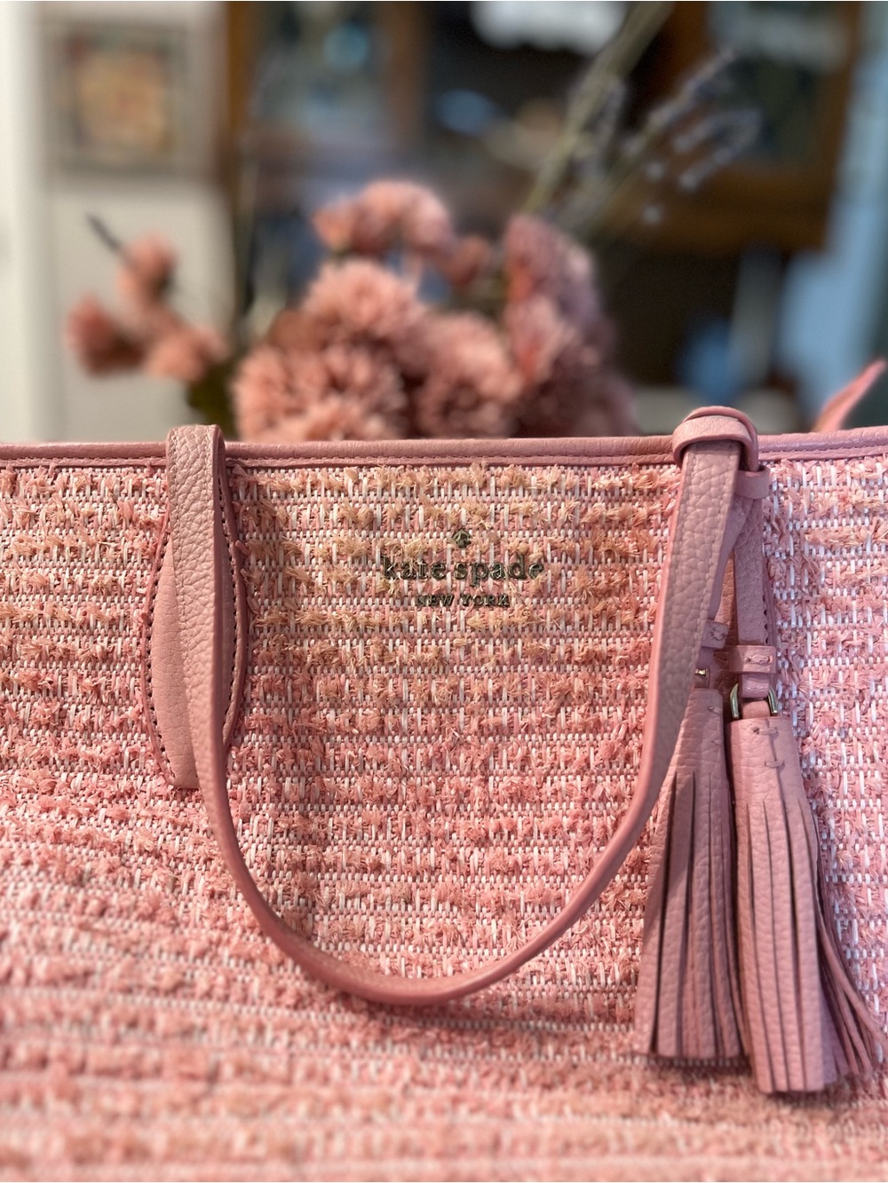Kate Spade Pink Tweed Tote with Leather Tassel